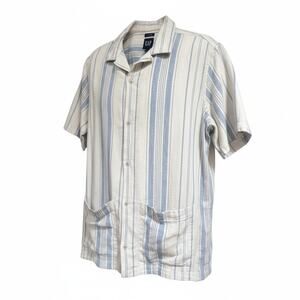 GAP Men’s Linen Cotton Striped Shirt L Short Sleeve Blue Beach Casual